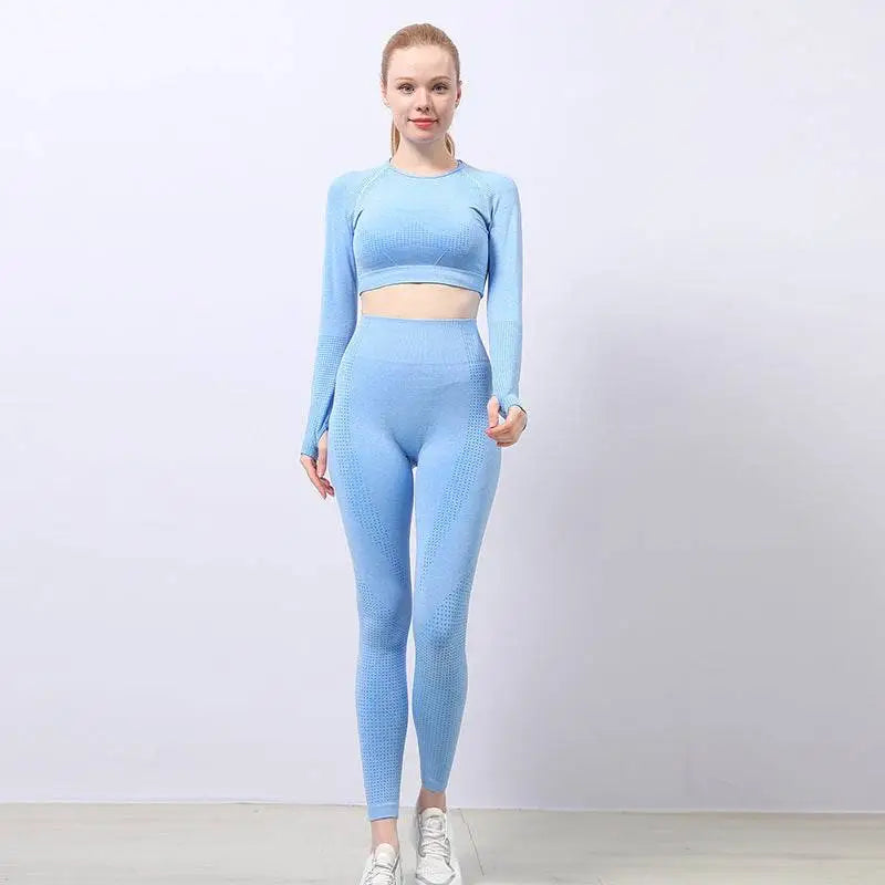 Light blue form-fitting two-piece workout set with textured knit fabric and long sleeves from orange jacquard seamless yoga collection