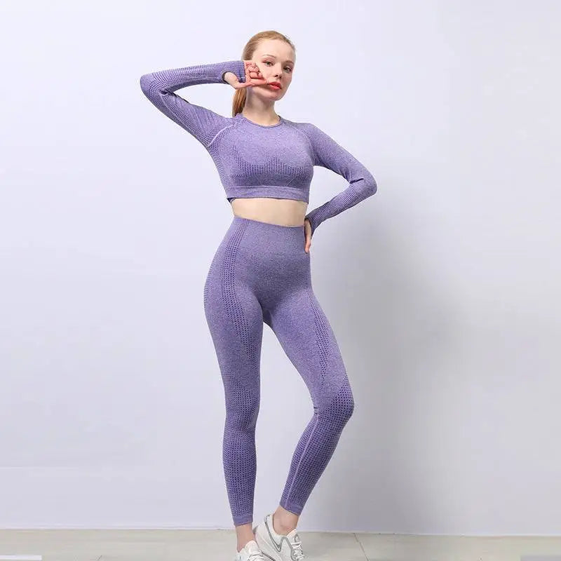 Lavender form-fitting two-piece workout set with textured knit pattern for seamless yoga in orange jacquard seamless style