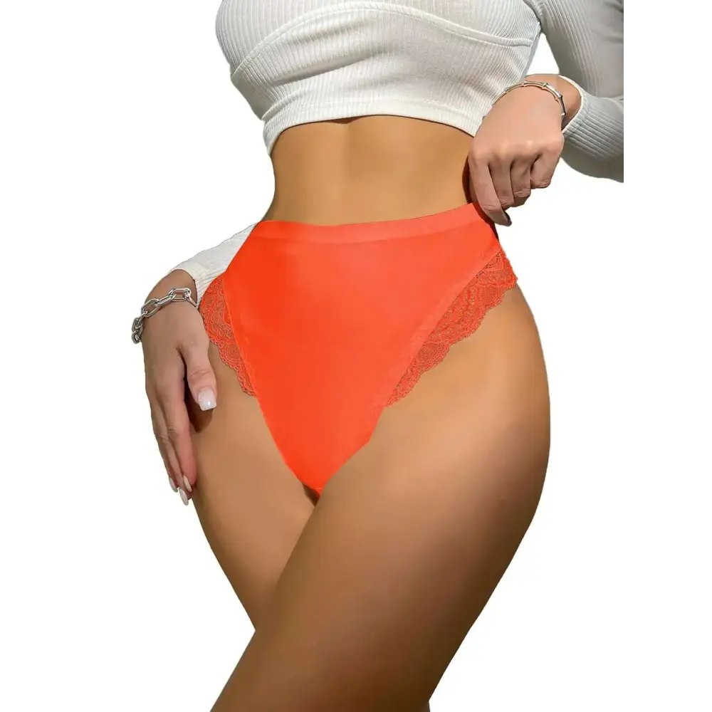 Bright orange lace trim high waisted thongs featuring delicate lace trim on soft fabric for stylish comfort
