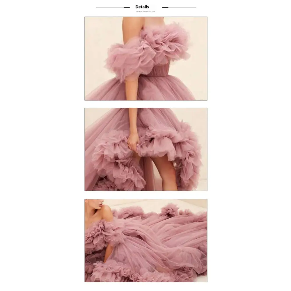 A flowing lavender off-the-shoulder tulle high low gown with ruffled layers in luxury women’s fashion eveningwear