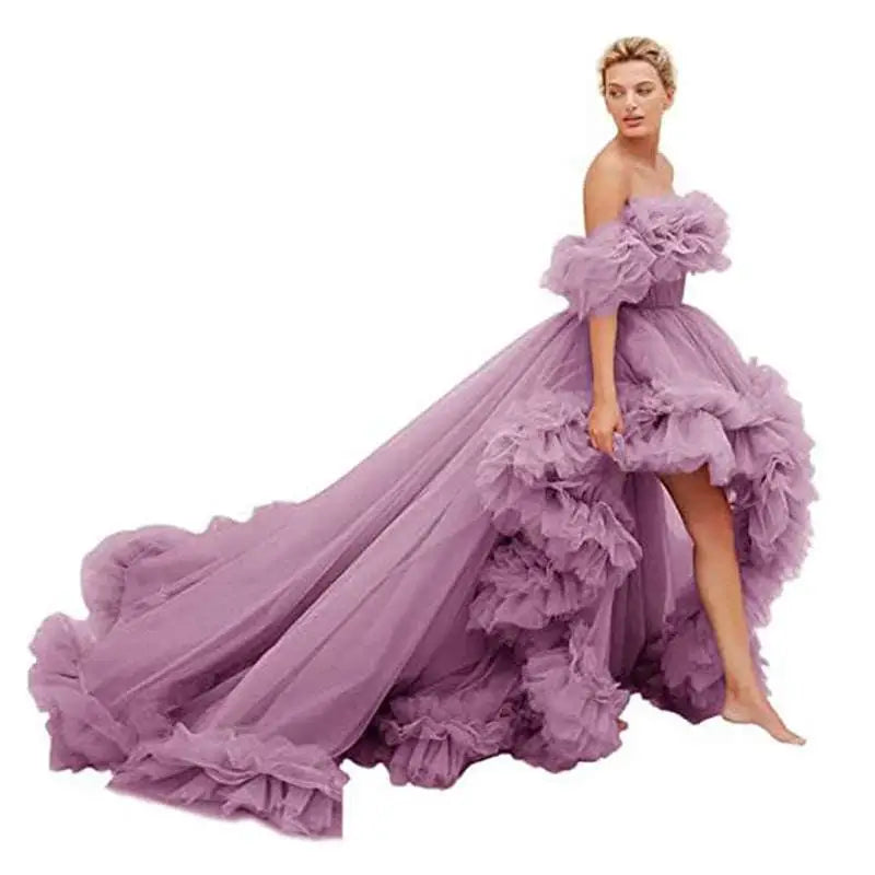 Lavender tulle off-the-shoulder gown with ruffled sleeves and tiered skirt in luxury women’s fashion high low gown style