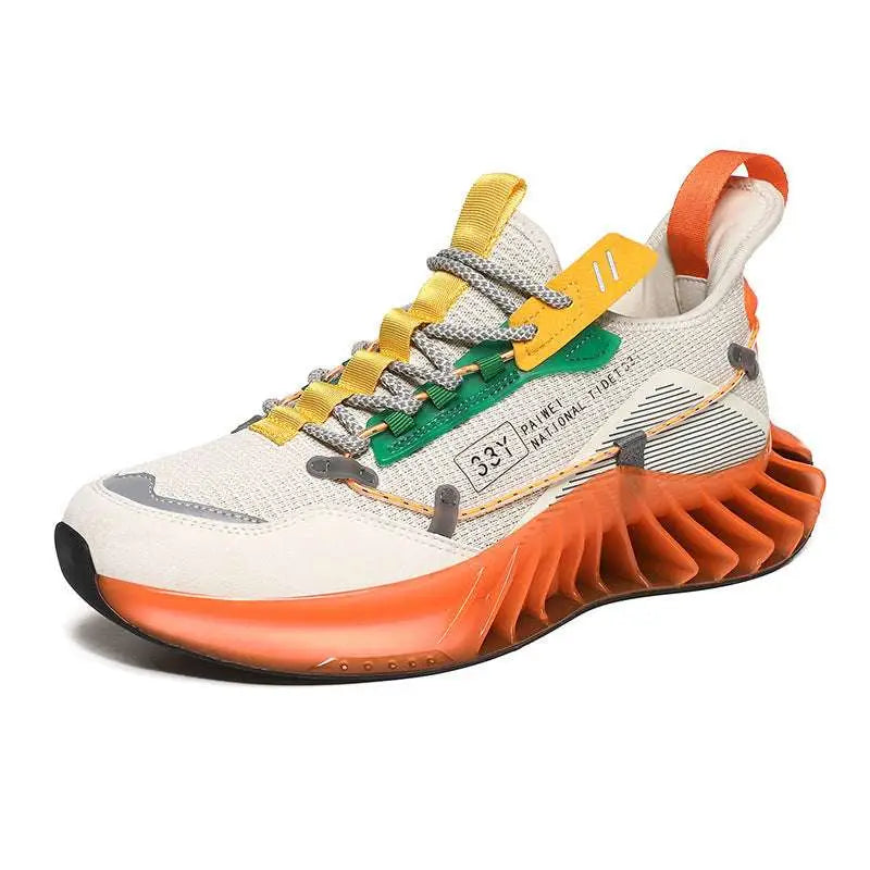 A vibrant, chunky sneaker with a white mesh upper accented by bold orange, green, and yellow details.