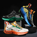 Three vibrant fashion casual running shoes with orange mesh fashion and green accents featuring translucent soles