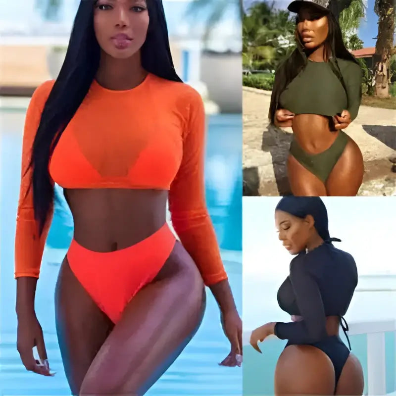 Orange mesh three piece sexy swimsuit bikini set featuring a long-sleeved mesh top and high-waisted bikini bottom