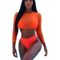 Orange mesh three piece sexy swimsuit bikini set featuring an orange two-piece with long sleeves and high-waisted bottoms