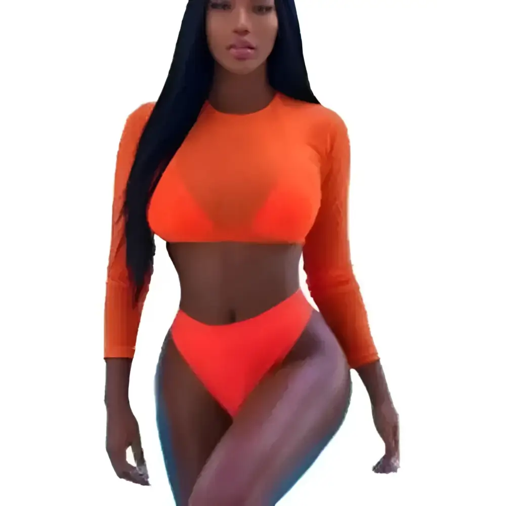 Orange mesh three piece sexy swimsuit bikini set featuring an orange two-piece with long sleeves and high-waisted bottoms
