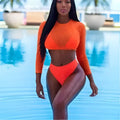 Orange mesh three piece sexy swimsuit bikini set featuring a long sleeve orange two-piece swimsuit with high neckline