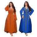 Orange middle east diamond beaded dress with intricate gold embroidery and blue sheer overlay long-sleeved maxi design