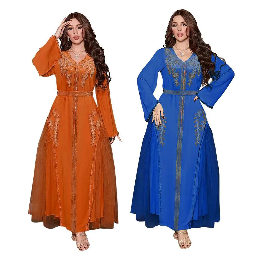 Orange middle east diamond beaded dress with intricate gold embroidery and blue sheer overlay long-sleeved maxi design