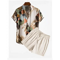 Beige tropical print beach shirt suit with orange palm print short sleeves and relaxed fit for casual wear