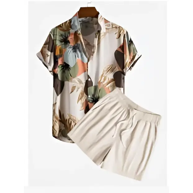 Beige tropical print beach shirt suit with orange palm print short sleeves and relaxed fit for casual wear