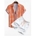 Orange palm print short sleeve beach shirt suit with white palm tree pattern and matching white shorts with orange stitching