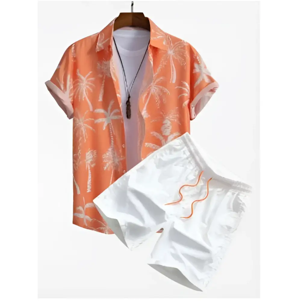 Orange palm print short sleeve beach shirt suit with white palm tree pattern and matching white shorts with orange stitching