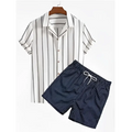 White and navy blue striped short-sleeved button-up beach shirt suit with matching drawstring shorts without orange palm print