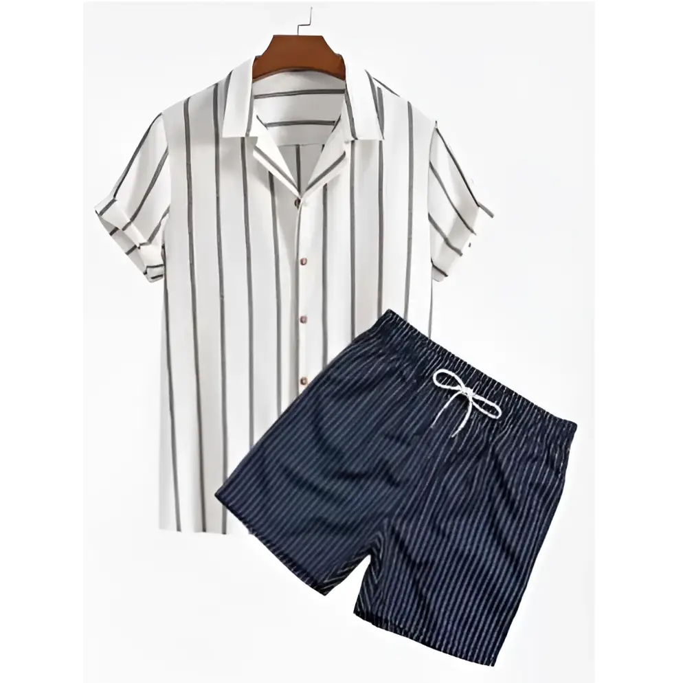 White and navy blue striped short-sleeved button-up beach shirt suit with matching drawstring shorts without orange palm print