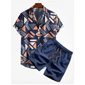 Navy blue and orange geometric palm print short sleeve beach shirt suit with matching shorts for casual summer wear