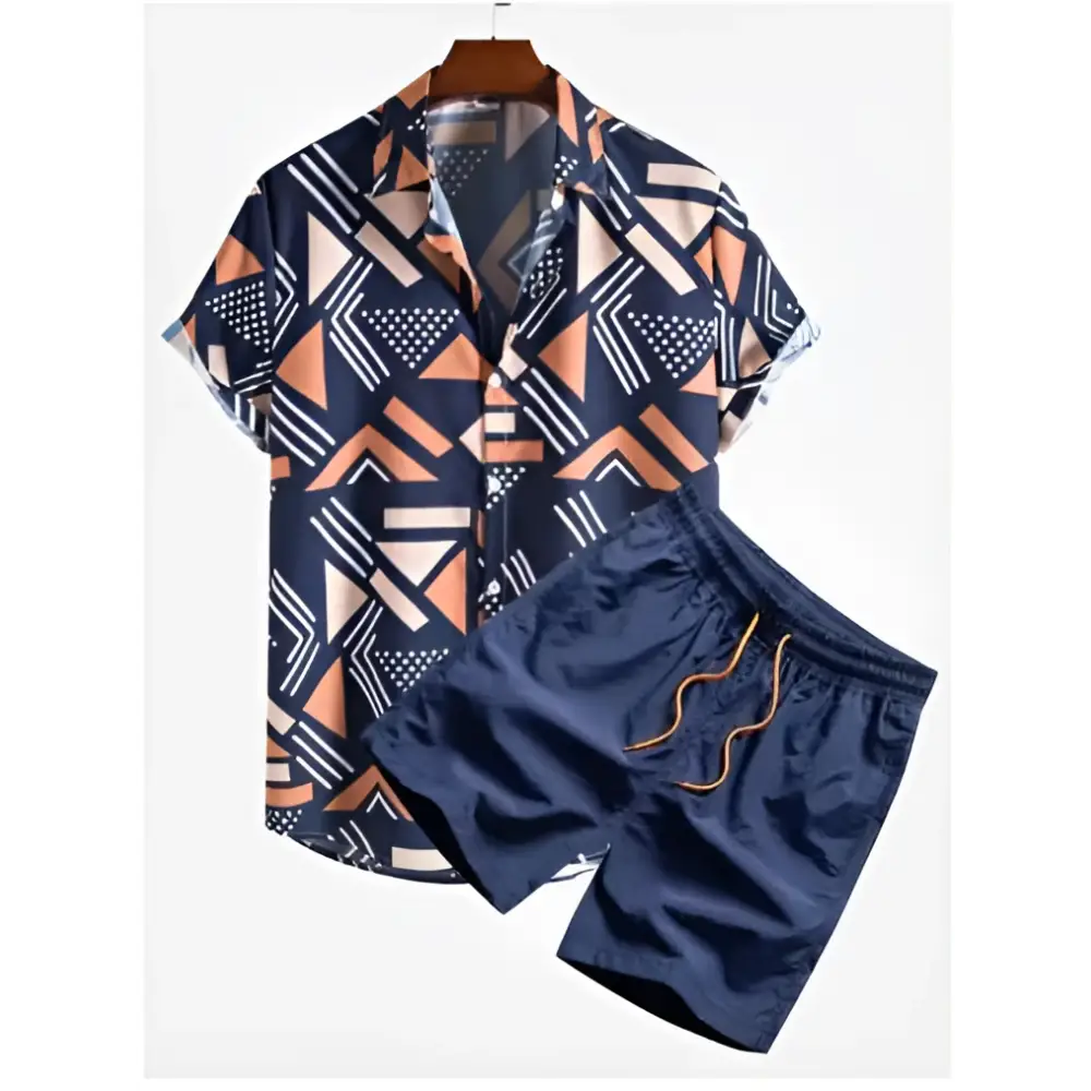 Navy blue and orange geometric palm print short sleeve beach shirt suit with matching shorts for casual summer wear
