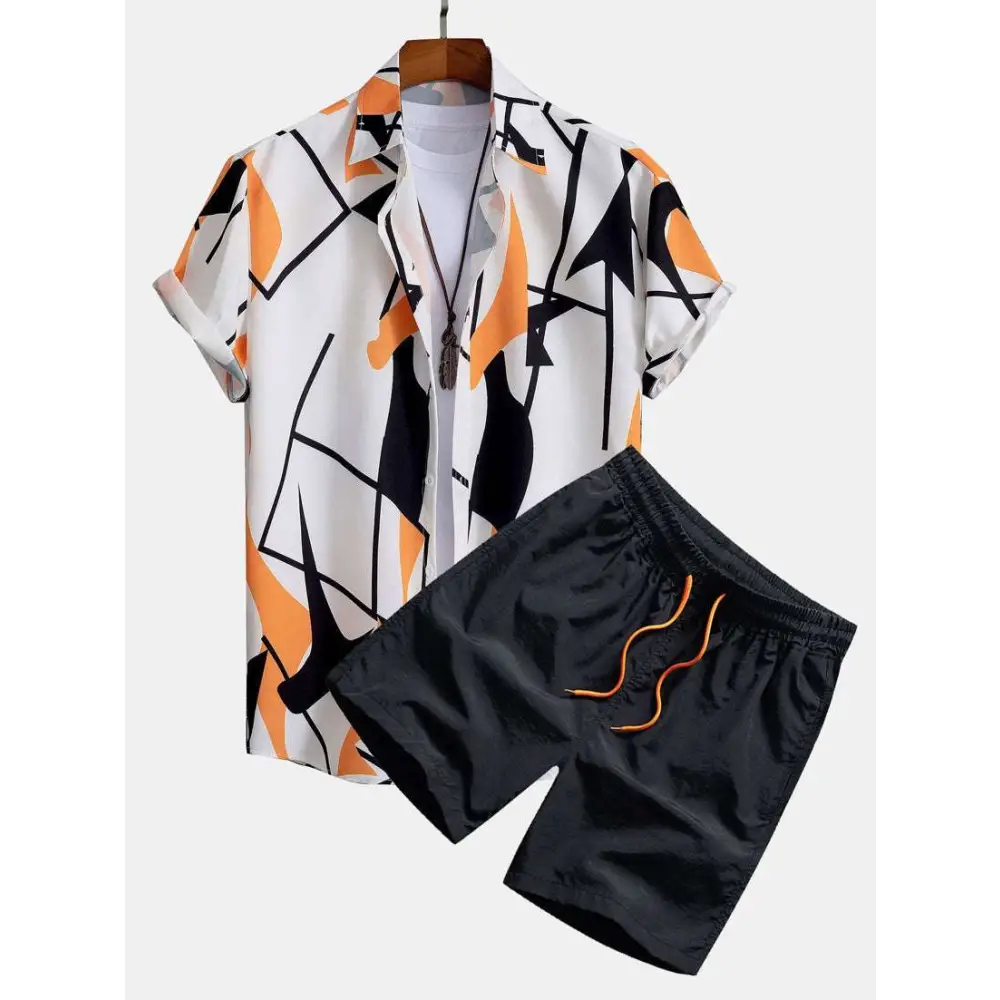 White short-sleeved beach shirt suit with bold orange palm print and matching black shorts with orange drawstring
