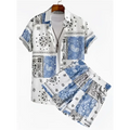 Blue and white patchwork bandana print short-sleeved shirt and matching shorts set as a beach shirt suit alternative