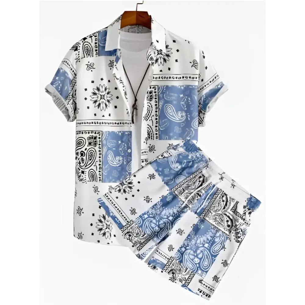 Blue and white patchwork bandana print short-sleeved shirt and matching shorts set as a beach shirt suit alternative