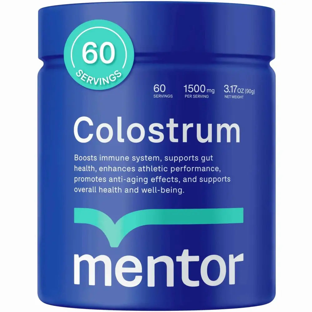 Blue cylindrical container of mentor organic colostrum powder with 60 servings for health hair growth and gut health