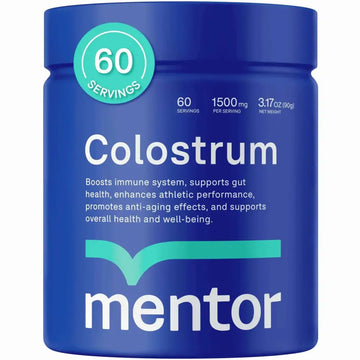 Blue cylindrical container of mentor organic colostrum powder with 60 servings for health hair growth and gut health