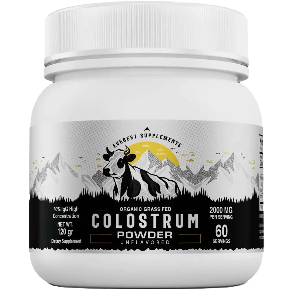 White plastic jar of Everest organic colostrum powder with cow illustration for gut health support