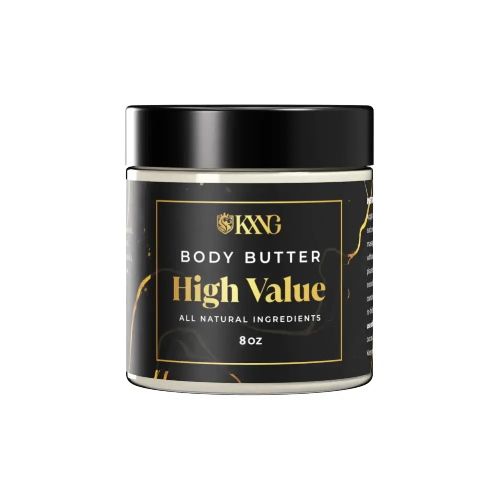 Black and gold labeled kkg organic raw shea butter body butter 8 oz for extremely dry skin care
