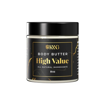 Black and gold labeled kkg organic raw shea butter body butter 8 oz for extremely dry skin care