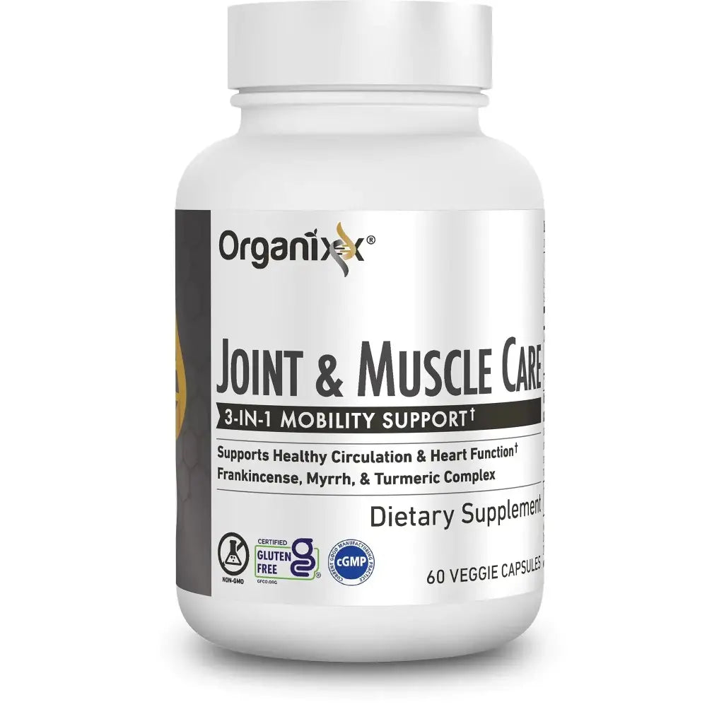 Organix organic turmeric joint health supplement 3-in-1 mobility support in white bottle with silver label 60 capsules