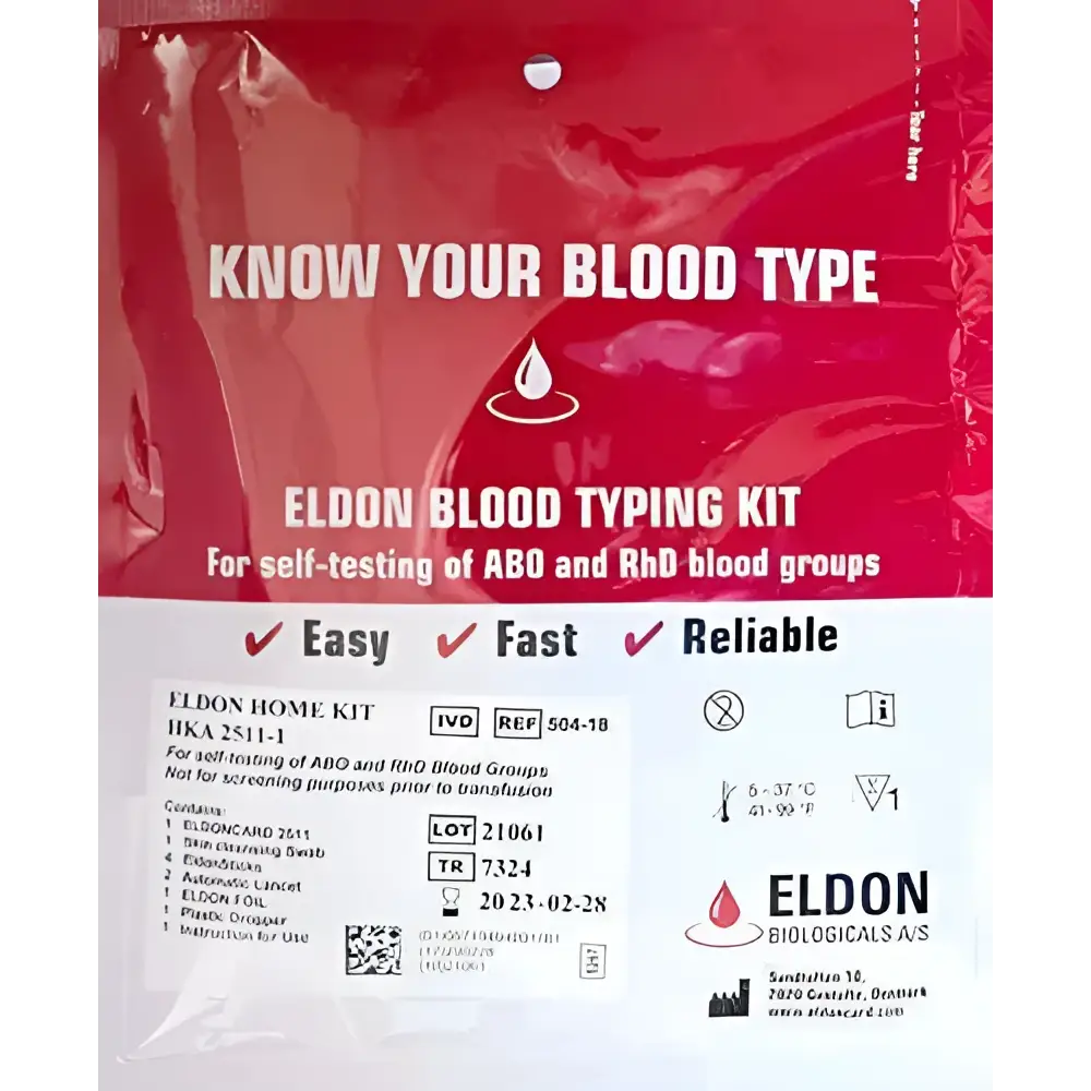 Red plastic package containing original blood typing kit for abo and rhd testing in eldon self-testing typing kit