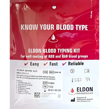 Red plastic package containing original blood typing kit for abo and rhd testing in eldon self-testing typing kit