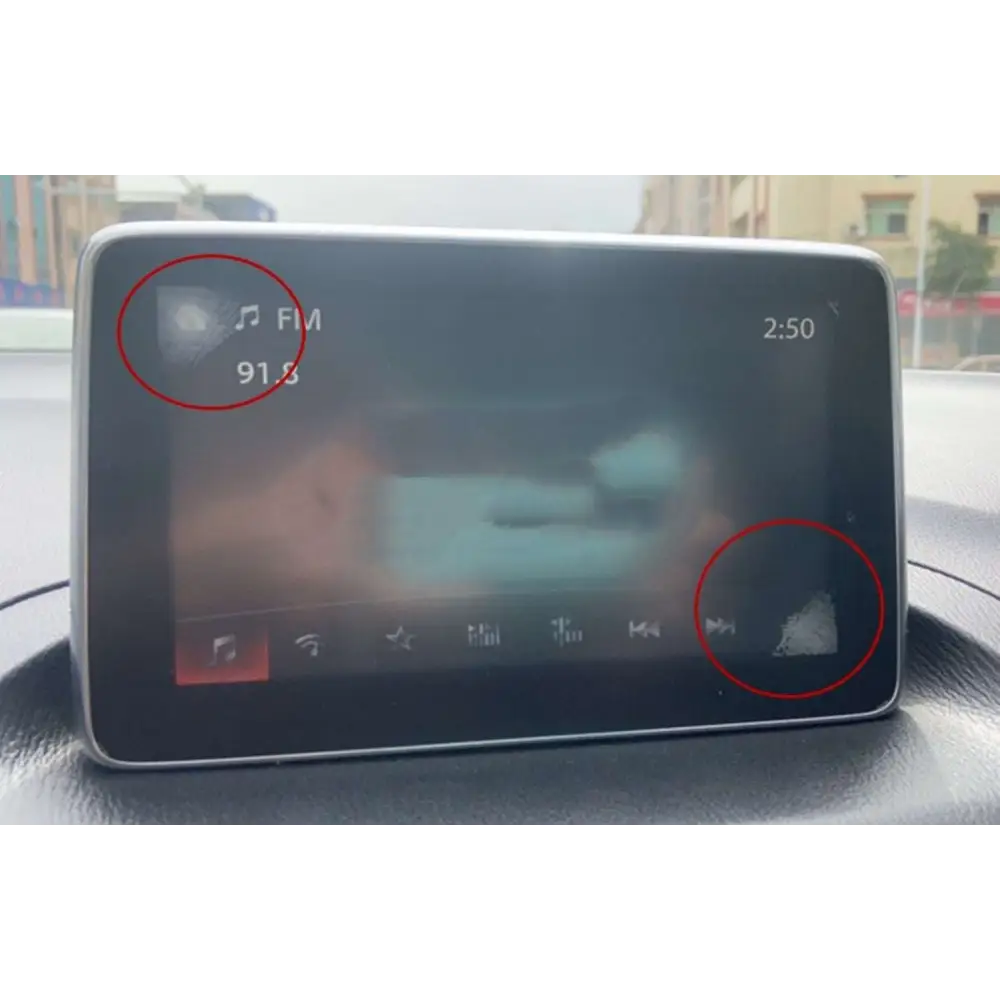 Black original car exterior screen replacement touch screen displaying fm radio station 91.8 on car exterior screen