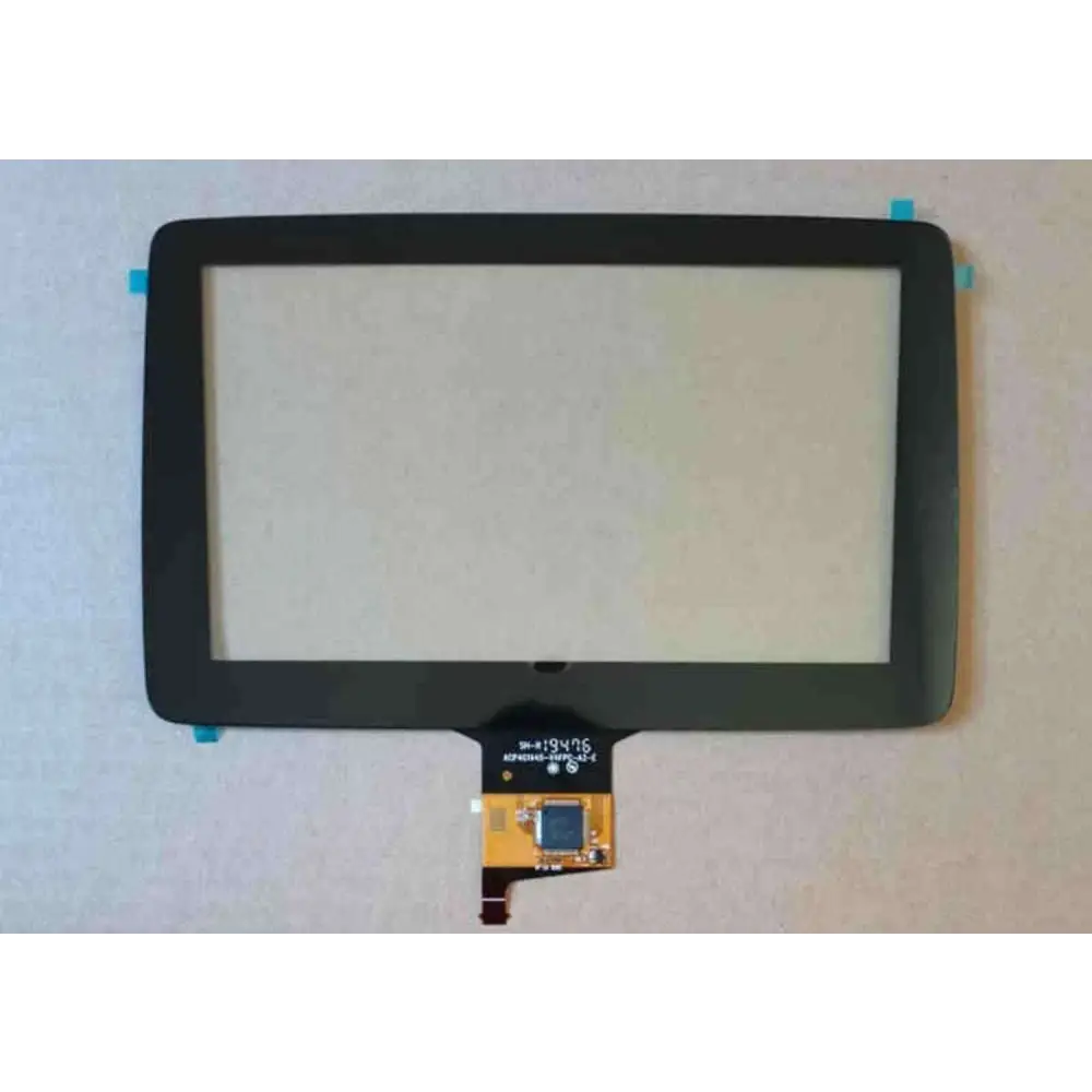 Black rectangular original car exterior screen replacement touch panel with gold flex cable and circuit board at back side