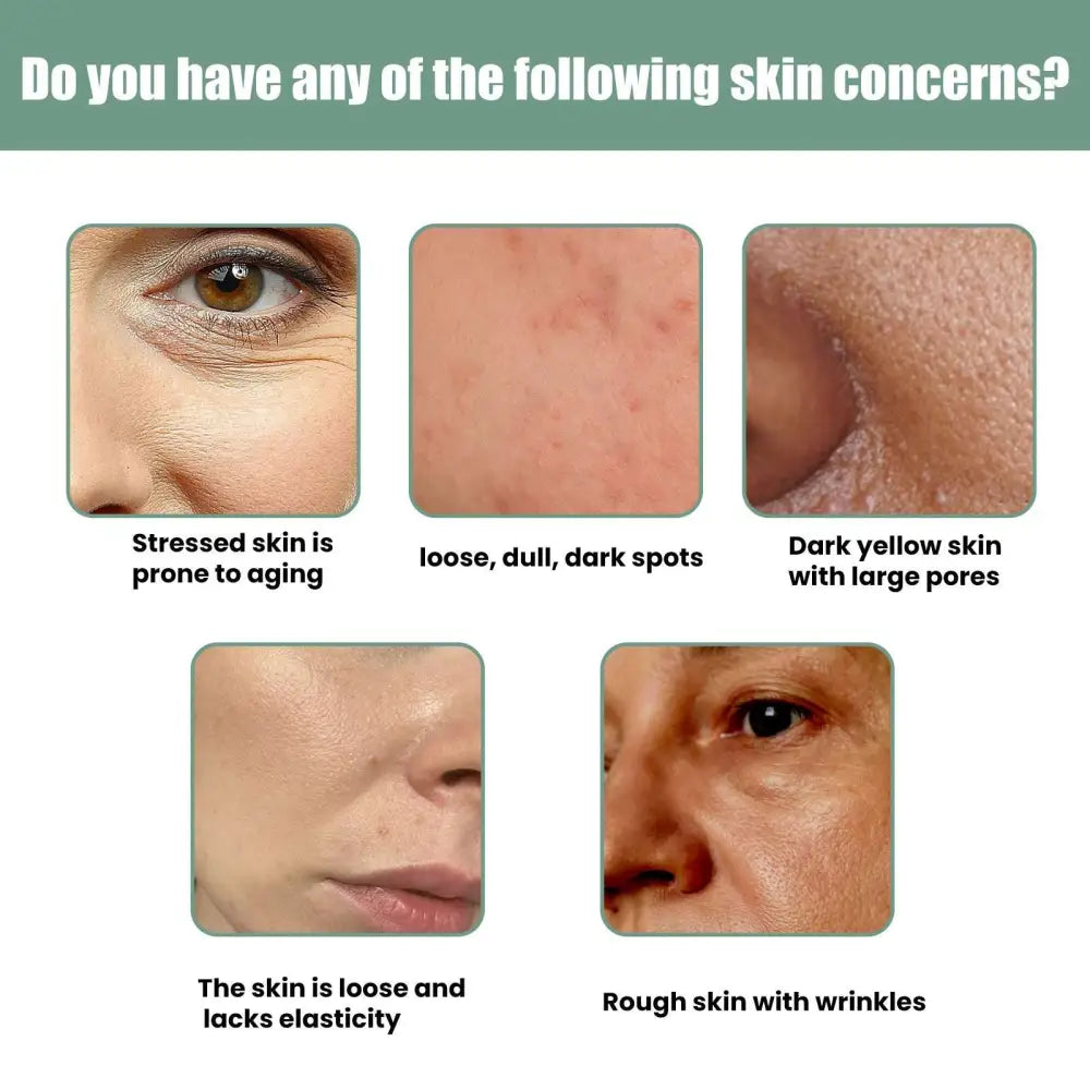 This anti aging collagen serum advertisement shows five close ups of different skin concerns for aging collagen care