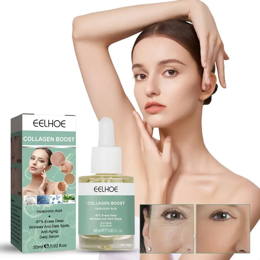 Original protein anti aging collagen serum by Eelhoe in clear glass bottle with white dropper and green packaging