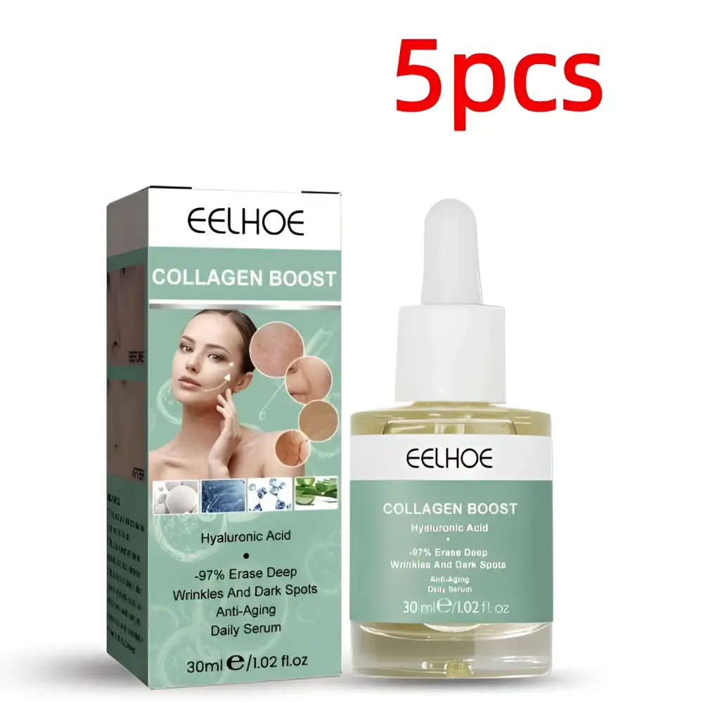 Original protein anti aging collagen serum by Eelhoe in clear glass bottle with white dropper and green packaging