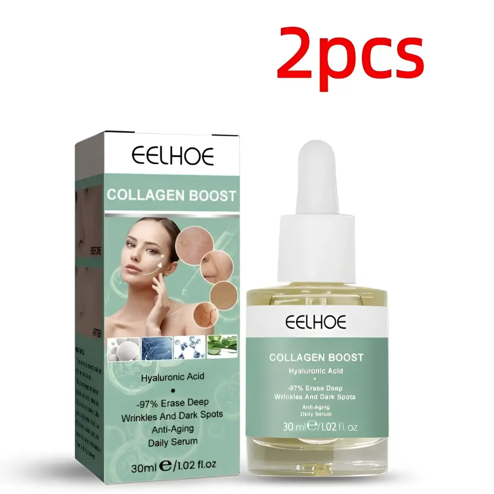 Eelhoe original protein anti aging collagen serum in a clear glass bottle with white dropper and yellow liquid