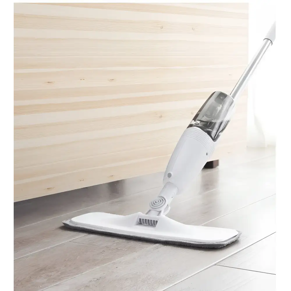 White handheld xiaomi deerma spray mop with transparent water tank and gray microfiber pad balayeuse mijia nettoyant