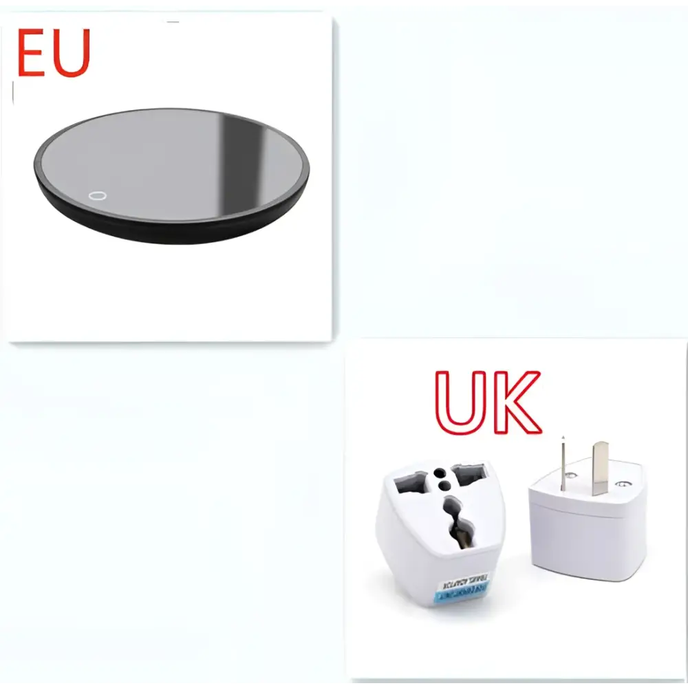 Black circular electric mug cup warmer with glossy finish and subtle center indicator light for ornate glass cups