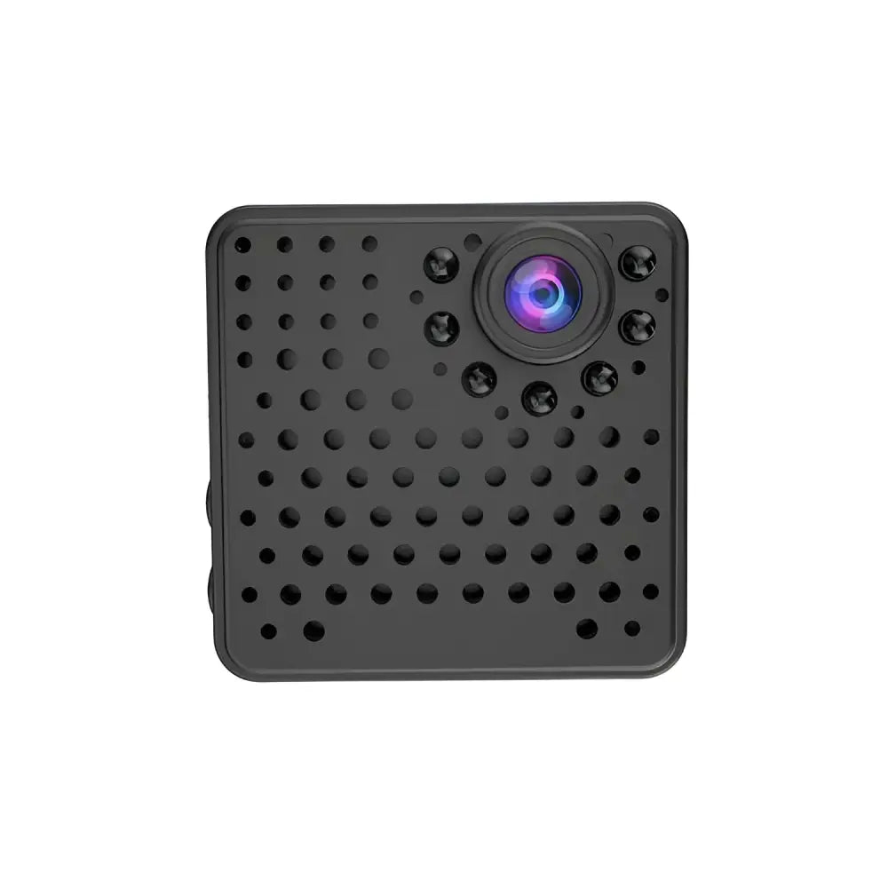 Black square night vision camera with perforated body and purple glow lens for outdoor aerial photography use