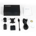 Black compact hd night vision camera with textured perforated body and red button for outdoor aerial photography use