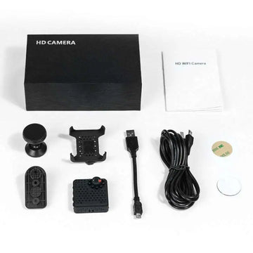 Black compact hd night vision camera with textured perforated body and red button for outdoor aerial photography use