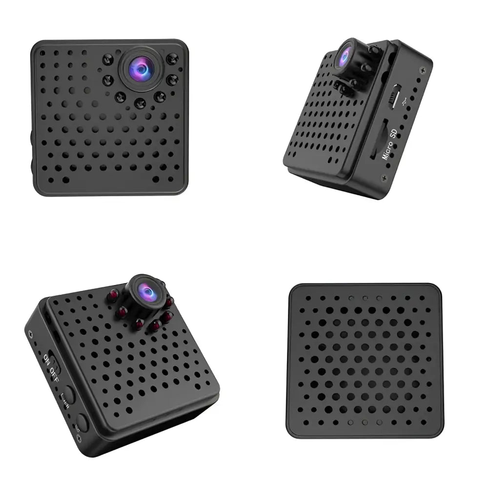 Black compact hd night vision camera with textured perforated body and red button for outdoor aerial photography use