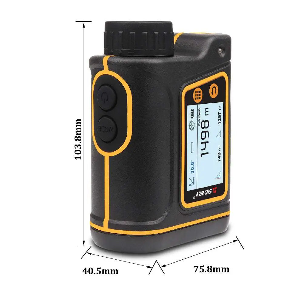 Black and yellow sndway sw-600a handheld golf rangefinder with 3-600m distance measurements for outdoor use
