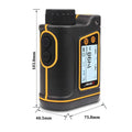 Black and yellow aimacs handheld golf rangefinder laser distance meter with digital display showing distance measurements