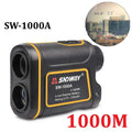 Black and yellow sndway sw-1000a handheld golf rangefinder with digital display showing distance measurements up to 600m