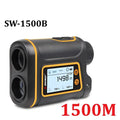 Black and yellow Swayway SW-1500B handheld golf rangefinder with digital display showing distance measurements up to 600m