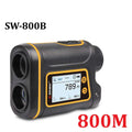 Black and yellow sndway sw-800b handheld golf rangefinder with digital display showing distance measurements up to 600m