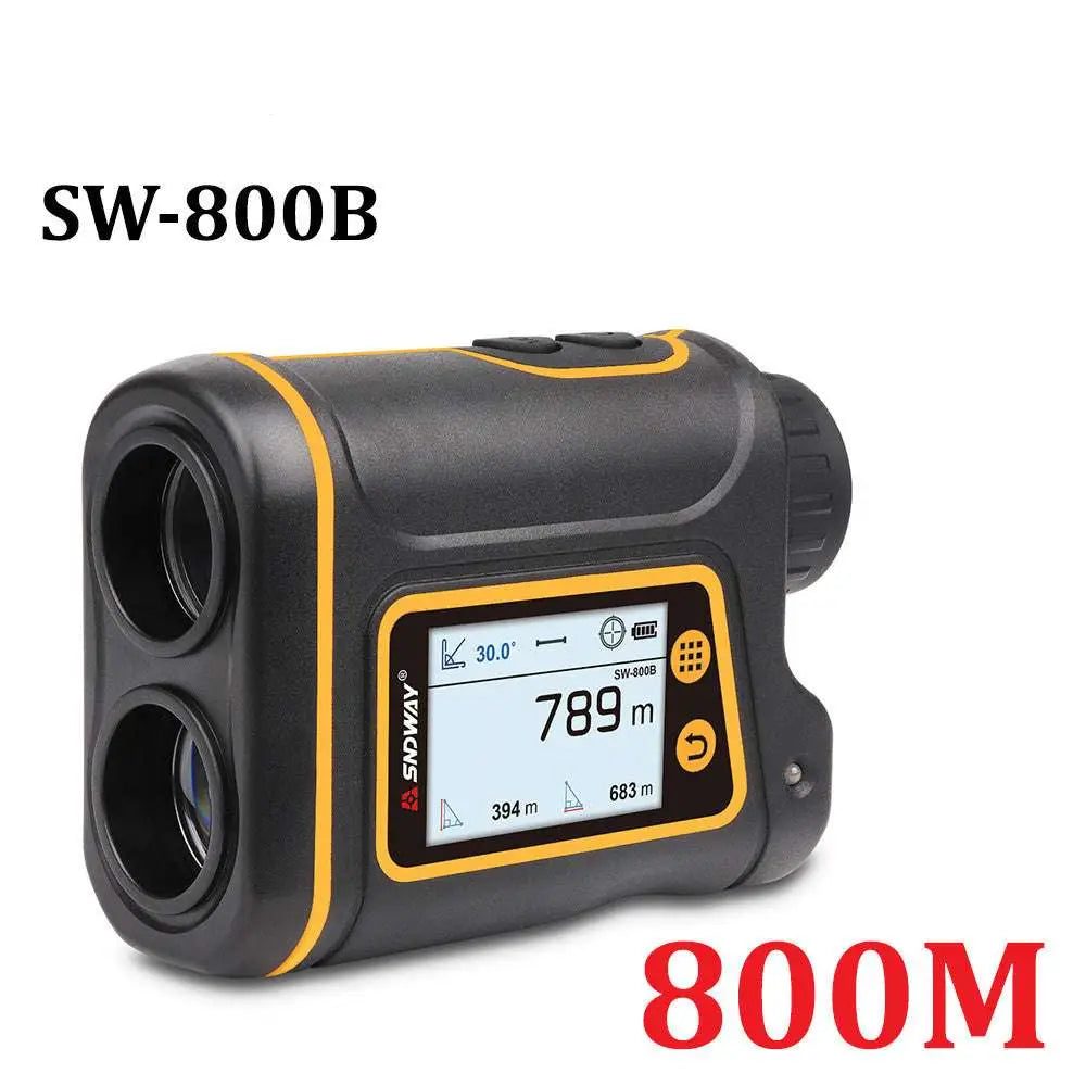 Black and yellow sndway sw-800b handheld golf rangefinder with digital display showing distance measurements up to 600m